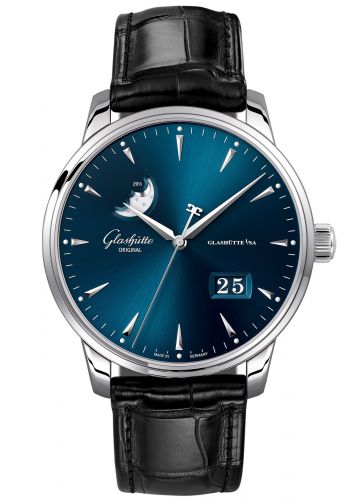 Senator Excellence Panorama Date Moonphase Stainless Steel / Blue / Alligator / Pin