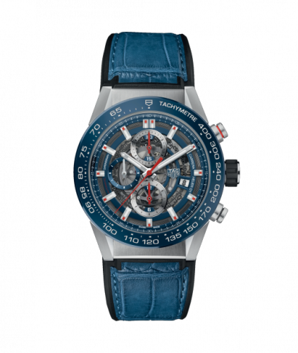 Carrera Calibre Heuer 01 43 Stainless Steel / Blue Ceramic / Alligator