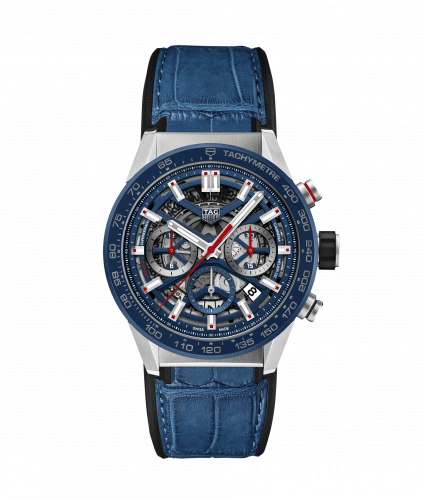 Carrera Calibre Heuer 02 43 Stainless Steel / Blue Ceramic / Skeleton / Alligator