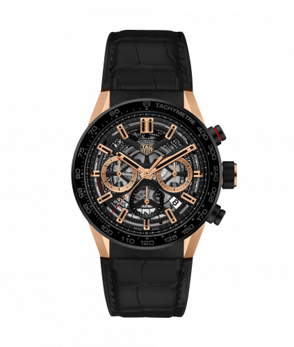 Carrera Calibre Heuer 02 43 Rose Gold / Black Ceramic / Skeleton Alligator