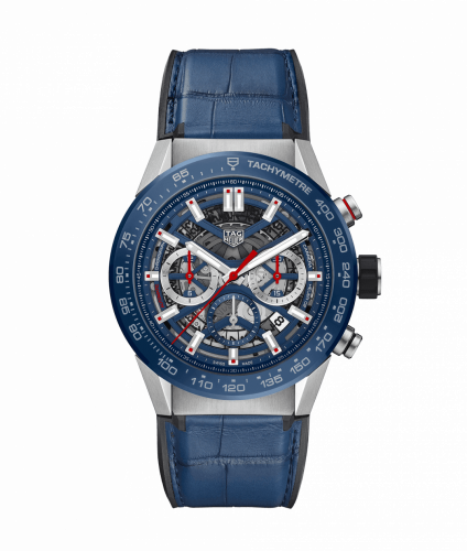 Carrera Calibre Heuer 02 45 Stainless Steel / Blue Ceramic / Skeleton / Alligator