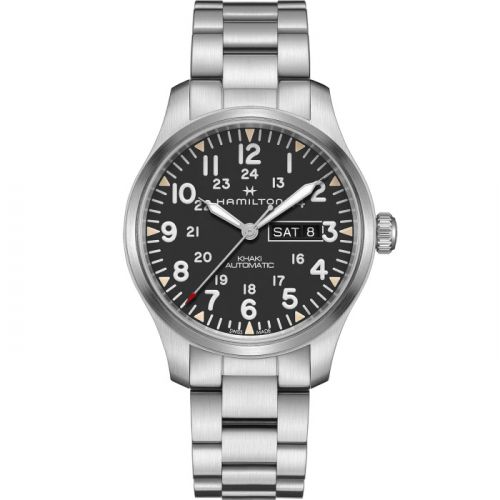 Khaki Field Day Date Auto Stainless Steel / Black / Bracelet