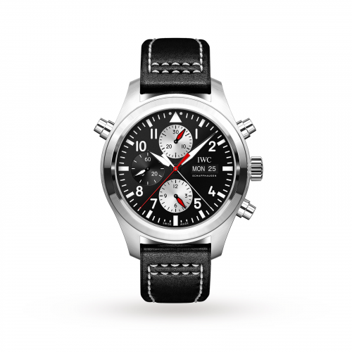 Pilot's Watch Double Chronograph Stainless Steel / Black-Silver / Calf / Watches of Switzerland