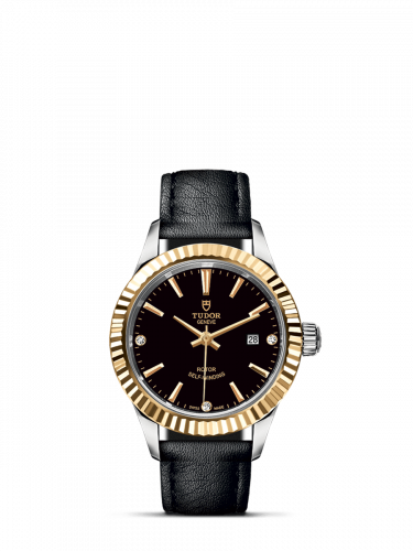 Style 28 Stainless Steel / Yellow Gold / Fluted / Black-Diamond / Strap