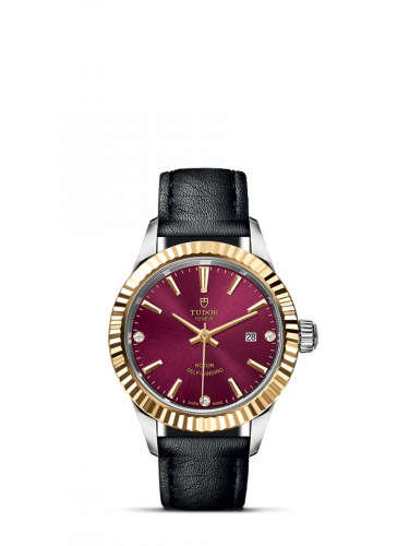 Style 28 Stainless Steel / Yellow Gold / Fluted / Burgundy-Diamond / Strap