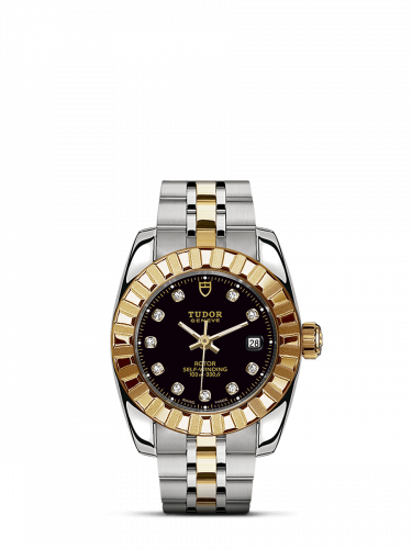 Classic 28 Stainless Steel / Yellow Gold / Fluted / Black-Diamond / Bracelet