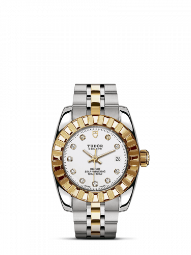 Classic 28 Stainless Steel / Yellow Gold / Fluted / White-Diamond / Bracelet