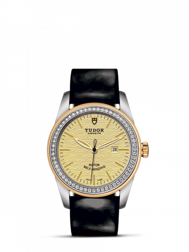 Glamour Date 31 Stainless Steel / Yellow Gold / Diamond / Jacquard Champagne / Strap