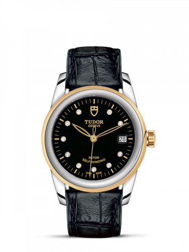 Glamour Date 36 Stainless Steel / Yellow Gold / Black-Diamond / Strap