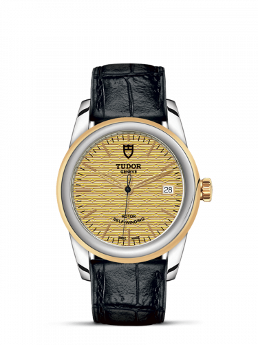 Glamour Date 36 Stainless Steel / Yellow Gold / Jacquard Champagne / Strap