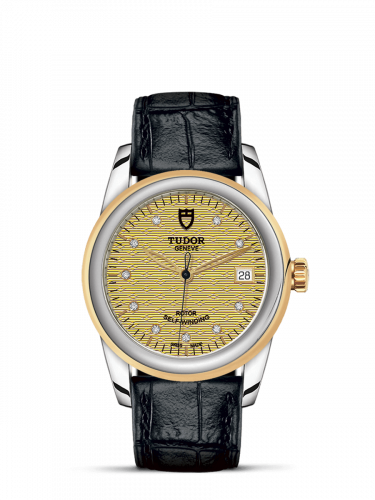 Glamour Date 36 Stainless Steel / Yellow Gold / Jacquard Champagne-Diamond / Strap
