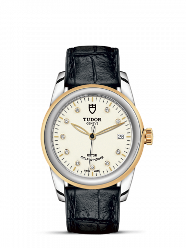 Glamour Date 36 Stainless Steel / Yellow Gold / Opaline-Diamond / Strap