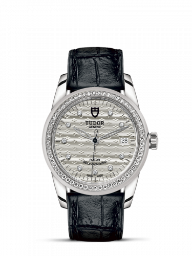 Glamour Date 36 Stainless Steel / Diamond / Jacquard Silver-Diamond / Strap
