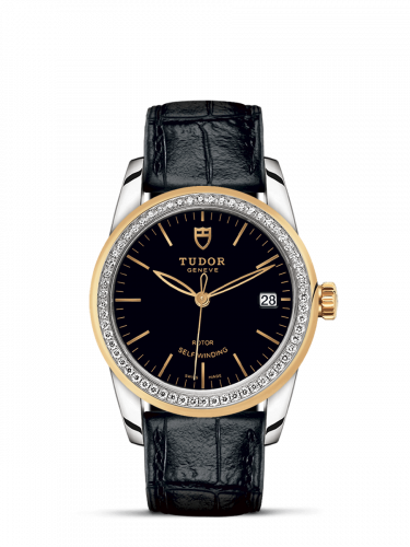 Glamour Date 36 Stainless Steel / Yellow Gold / Diamond / Black / Strap
