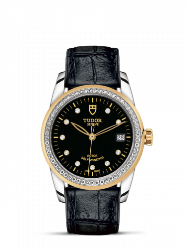Glamour Date 36 Stainless Steel / Yellow Gold / Diamond / Black-Diamond / Strap
