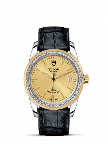 Glamour Date 36 Stainless Steel / Yellow Gold / Diamond / Champagne / Strap