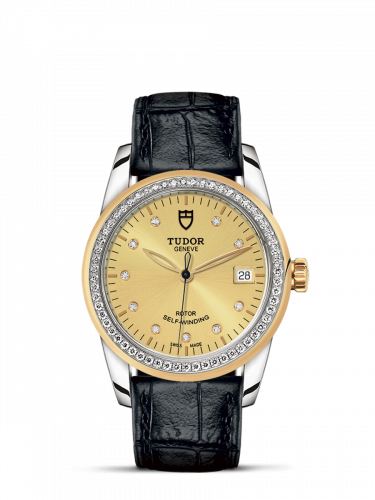 Glamour Date 36 Stainless Steel / Yellow Gold / Diamond / Champagne-Diamond / Strap