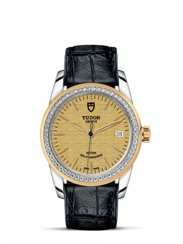 Glamour Date 36 Stainless Steel / Yellow Gold / Diamond / Jacquard Champagne / Strap
