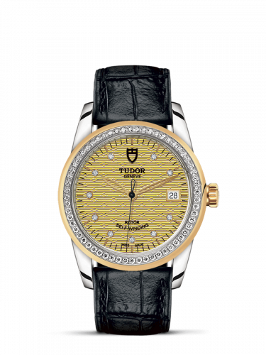 Glamour Date 36 Stainless Steel / Yellow Gold / Diamond / Jacquard Champagne-Diamond / Strap