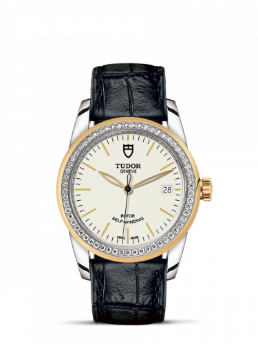 Glamour Date 36 Stainless Steel / Yellow Gold / Diamond / Opaline / Strap