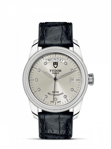 Glamour Day + Date Stainless Steel / Silver-Diamond / Strap