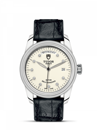 Glamour Day + Date Stainless Steel / Opaline-Diamond / Strap