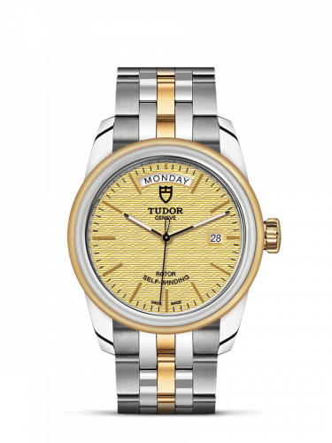 Glamour Day + Date Stainless Steel / Yellow Gold / Jacquard Champagne / Bracelet
