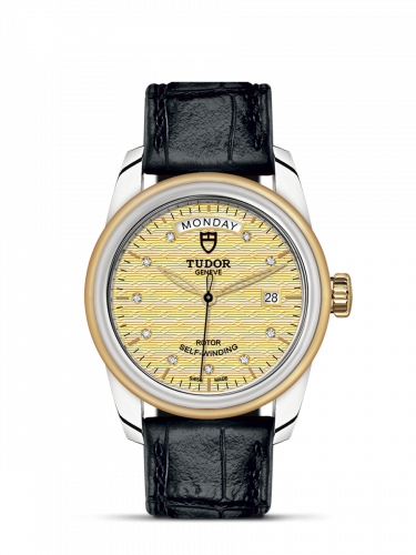 Glamour Day + Date Stainless Steel / Yellow Gold / Jacquard Champagne-Diamond / Strap