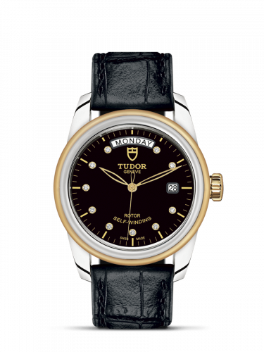 Glamour Day + Date Stainless Steel / Yellow Gold / Black-Diamond / Strap