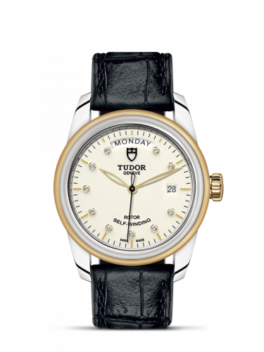 Glamour Day + Date Stainless Steel / Yellow Gold / Opaline-Diamond / Strap