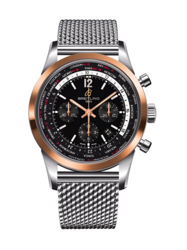 Transocean Chronograph Unitime Pilot Stainless Steel / Red Gold / Black / Milanese